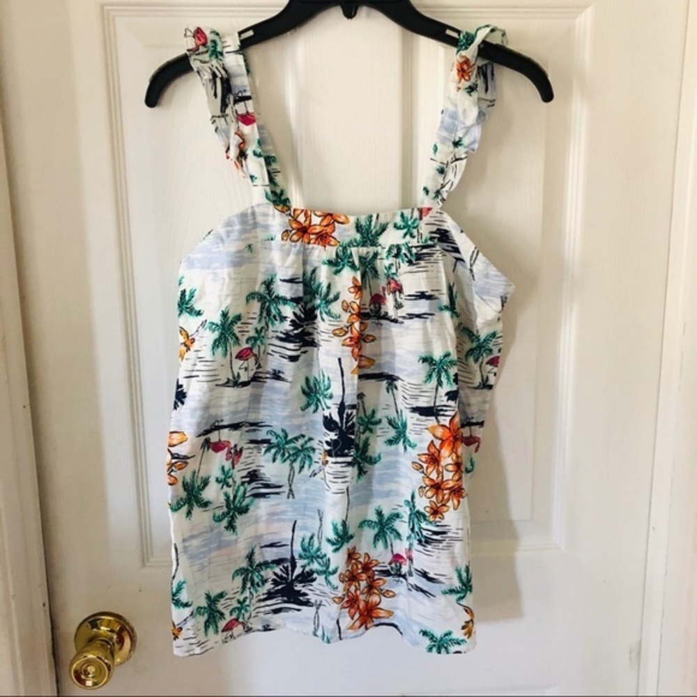 NWOT Hawaiian tropical vacation palm tree linen cotton ruffle tank top Size XS